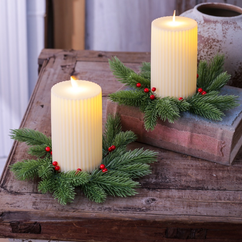 Home Improvement Shop - 赤いベリーのキャンドルリース ナチュラルなクリスマス装飾リース 松ぼっくりのキャンドルリース ウエスタンスタイル ホリデーホームデコレーション 玄関用