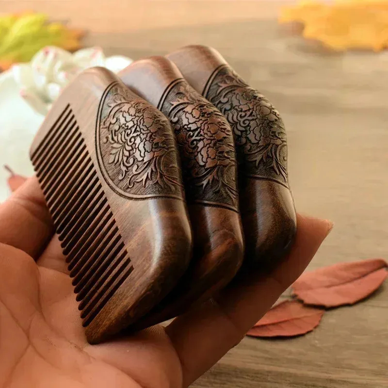 Wood Stain Brush - 黒檀製携帯用ポケットコーム、極細細歯、静電気防止、髪と髭のスタイリング、シラミ除去用木製コーム
