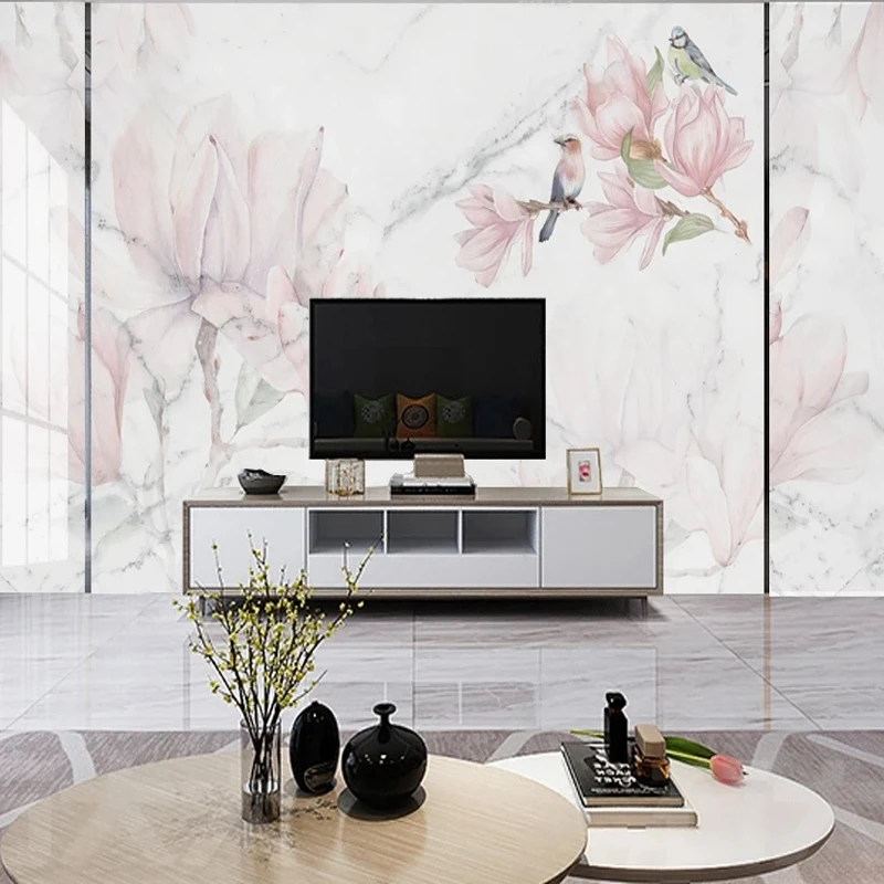 カスタム 3D 壁画ピンクの花鳥大理石パターン壁紙寝室リビン - Tv Home Improvement のレビューと価格